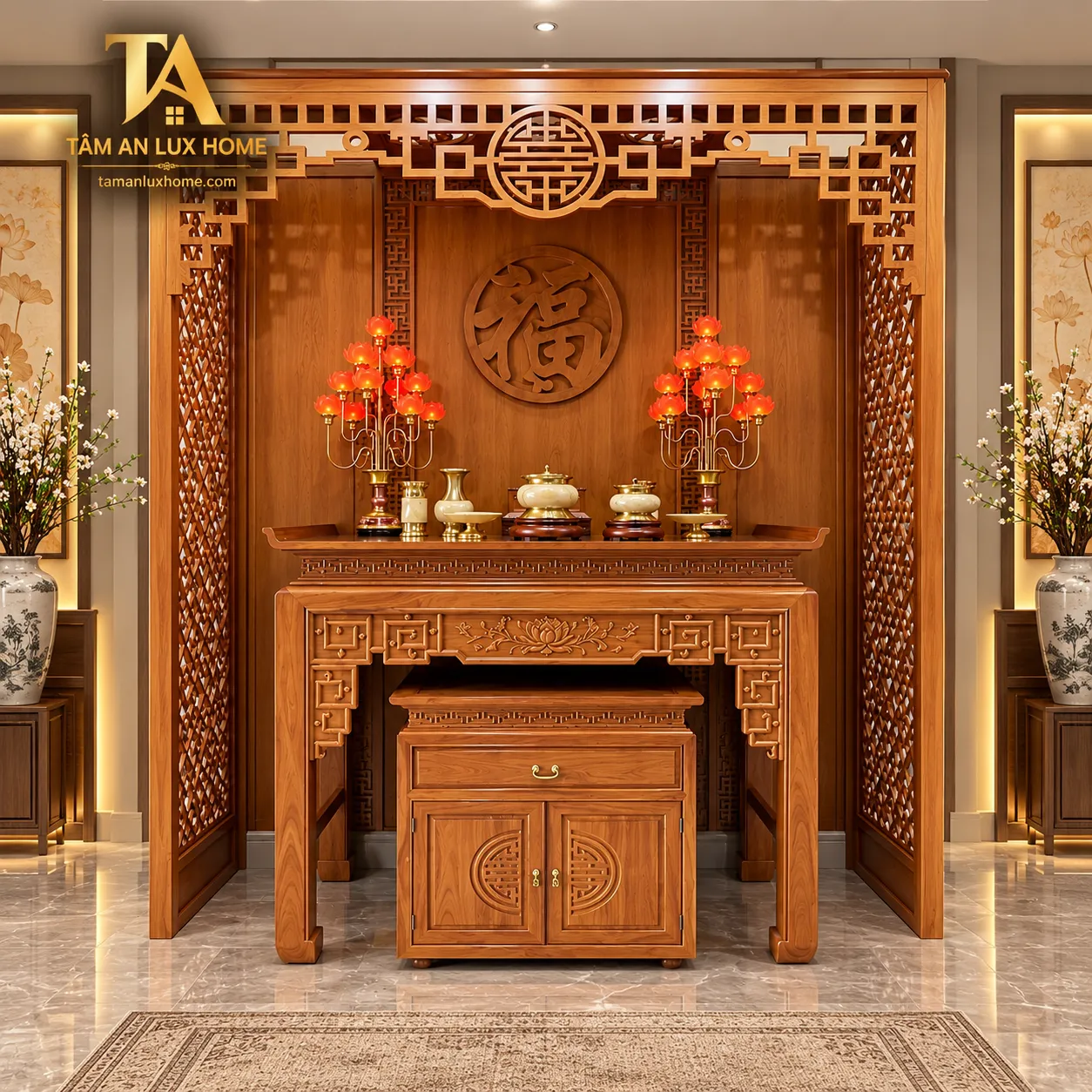 Mẫu Phòng Thờ Gia Tiên Gỗ Sồi Họa Tiết Chữ Phúc