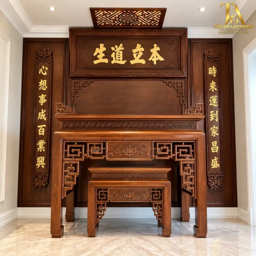 Bàn Thờ Gia Tiên Gỗ Gụ Kết Hợp Huỳnh Phi Câu Đối Bàn Thờ Gia Tiên Gỗ Gụ Kết Hợp Huỳnh Phi Câu Đối