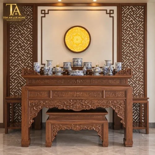 Màu Phòng Thờ Gia Tiên Gỗ Gụ Ốp Hậu Kết Hợp Tranh Trúc Chỉ Màu Phòng Thờ Gia Tiên Gỗ Gụ Ốp Hậu Kết Hợp Tranh Trúc Chỉ